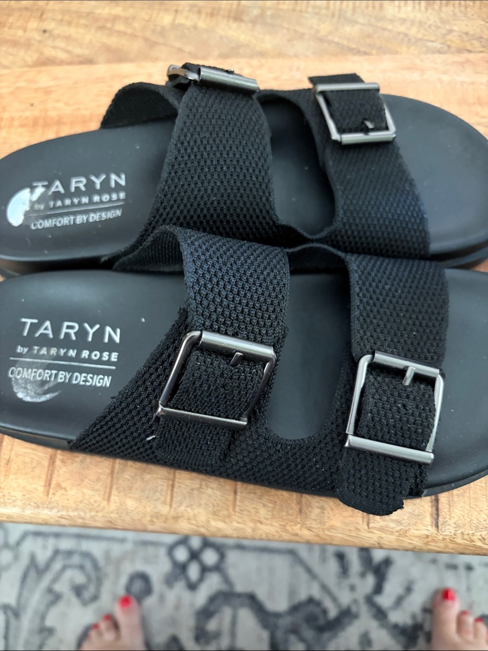 Taryn by Taryn Rose Women's Black Double Buckle Slide Sandals
